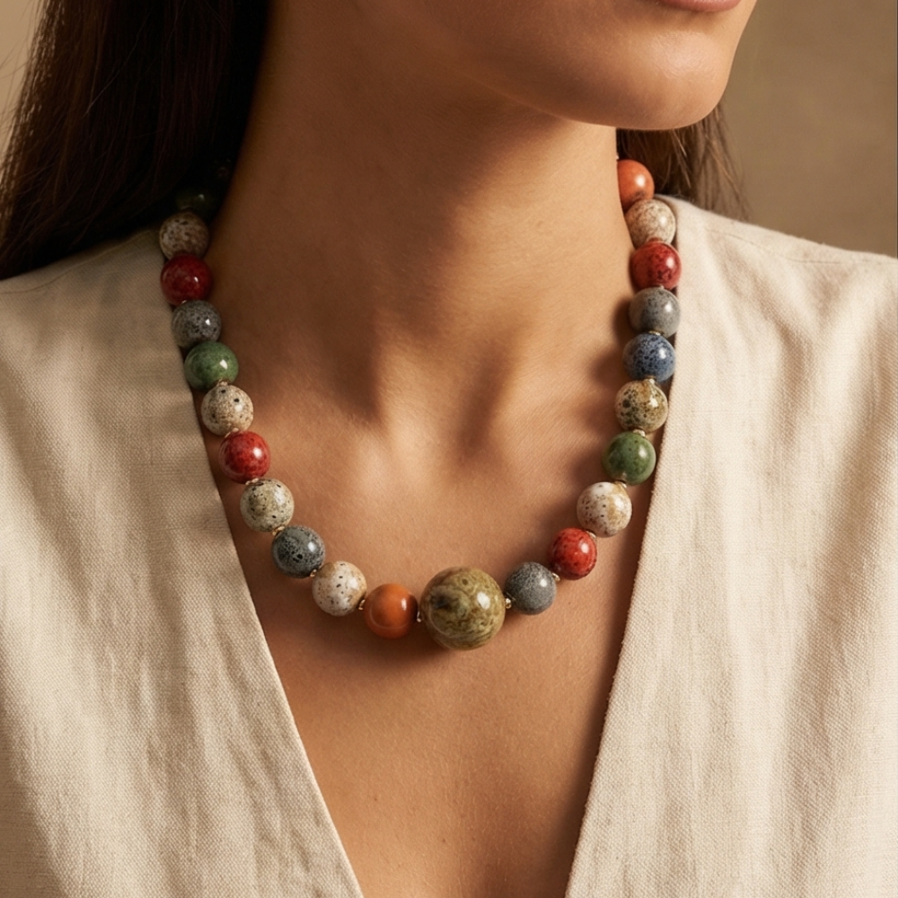 Mediterranean mosaic ceramic necklace handmade multicolor ceramic beaded princess necklace by Julie Saldivia